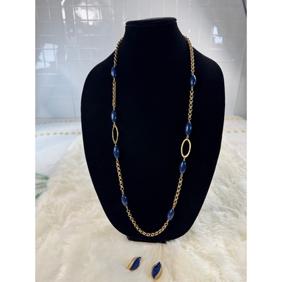 Monet Jewelry - Vintage Monet Gold Tone Navy Blue Bead Station Necklace and Clip On Earring Set